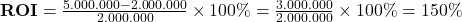 \mathbf{ROI} = \frac{5.000.000 - 2.000.000}{2.000.000} \times 100\% = \frac{3.000.000}{2.000.000} \times 100\% = 150\% 